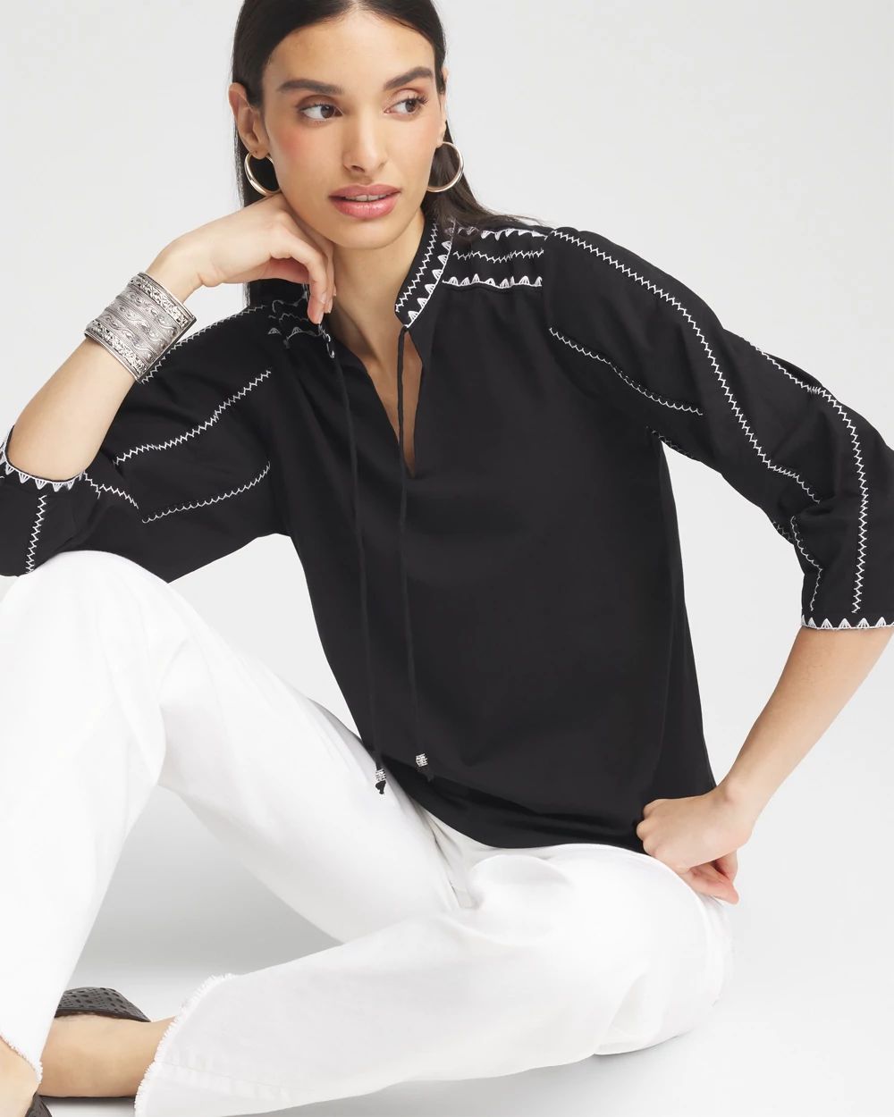 Embroidered Pintuck Lantern-Sleeve Top | Chico's